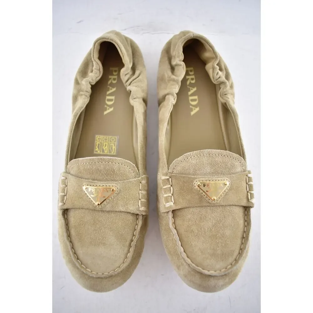 Prada Ecru Beige Suede Logo Scrunch Loafer Ballerina Ballet Moccasin Flat 38 - Picture 7 of 16